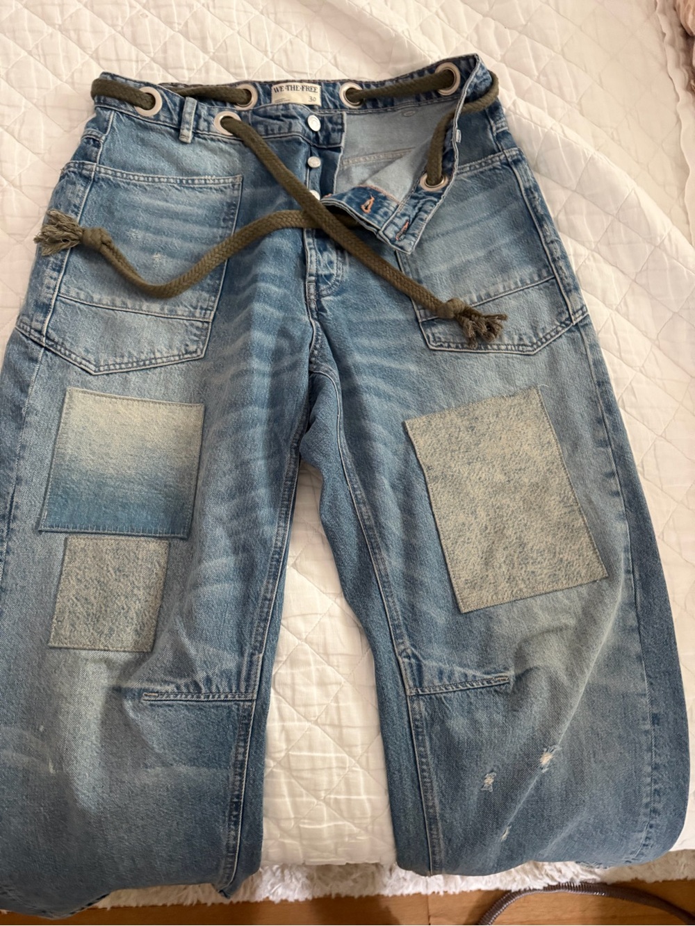 We The Free Light Blue Denim Jeans with Olive Rope Detail